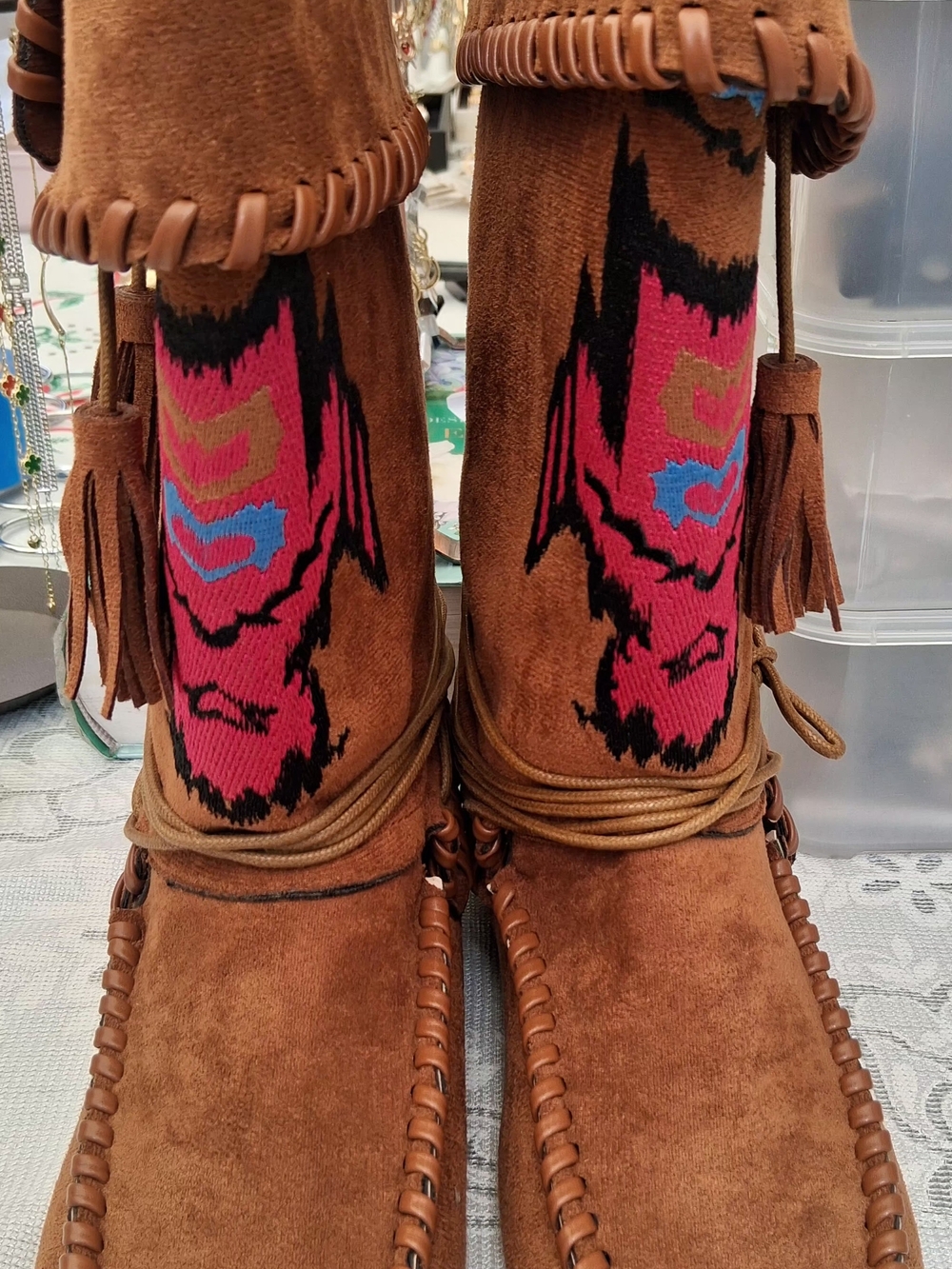 Brown Suede Fringe Moccasins with Pink & Blue Knit Accent - Picture 5 of 9